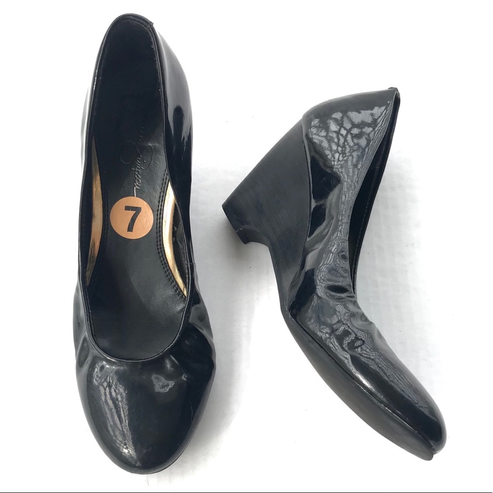 Jessica Simpson black patent leather ballet wedges